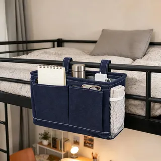 Bett Organizer zum Einhängen Kleiderbügel Beutel Canvas mit Klettverschluss | Dunkelblau Hängetasche 30x20x11cm 5 Fächer Nachttisch-Organizer für Hochbett Etagenbett Wohnheim Camping Stoff Aufbewahrung