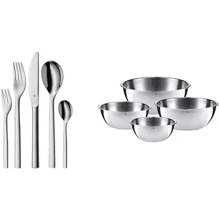 WMF Atria Edelstahl Besteck Set 6 Personen, Essbesteck Set 30 teilig, Monobloc-Messer, spülmaschinenfest & Gourmet Schüsselset 4-teilig, Edelstahl Schüsseln für die Küche 0,75l - 2,75l