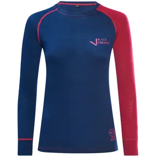 Black Crevice Damen Langarmshirt aus Merino Wolle in 44 - Steel Blue/Blood red I Funktionsshirt atmungsaktiv I Funktionsunterwäsche I Base Layer I Long Sleeve I Skiunterwäsche