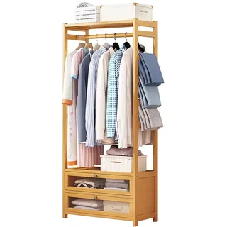 angelfanmily Kleiderständer Bambus, Offener Kleiderschrank mit Ablagen, Garderobenständer Bambus mit Doppelschublade, Kleiderstange Mantelgestell für Schlafzimmer Flur (L:68/100CM)