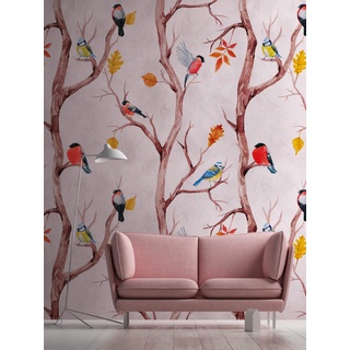 Livingwalls Vliestapete - Tapete Vögel Vintage Landhaus in Rosa, Braun und Gelb - Wandtapete für verschiedene Räume - Wandbild XXL 159 x 280 cm