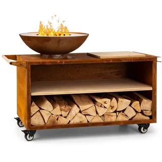 Feuerschale 2in1 60 cm mit Grillring Stahl Bodenrollen Feuerstelle mit Grill