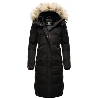MARIKOO Damen Wintermantel warmer Steppmantel lang mit abnehmbarem Kunstfell und Kapuze Schneesternchen Black Gr. S - S