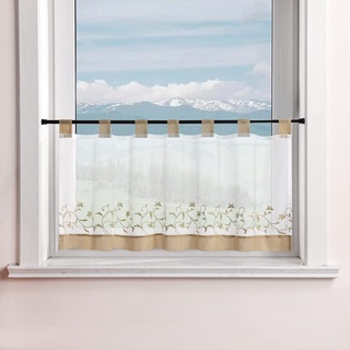 Delien Voile Scheibengardine mit Schlaufen Kurzstores Modern Transparente Bistrogardinen Küchengardinen Landhaus mit Blumenstickerei Klein Fenster Gardinen Kurz BxH 120x45cm,Sand