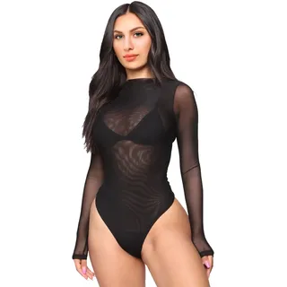 SamHeng Bodys für Damen Spitzenbody Schwarz Damen Sexy Body Damen Langarm Durchsichtiges Oberteil-L - L