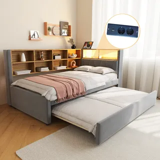 Ausziehbett 90×200 Cm, Bett 2 Personen Mit Led, Usb, Typ C Und Steckdosen, Ablagefächer, Ohne Matratze, Flanell, Dunkelgrau