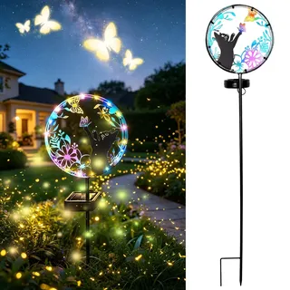 Calenxy Solarstecker für Außen Garten, Solarleuchte Katze mit Schmetterling, Metall Silhouette Solarlampen Solar Tiere Gartenstecker, wetterfeste Gartendeko für Balkon Terrasse Außenterrasse Rase
