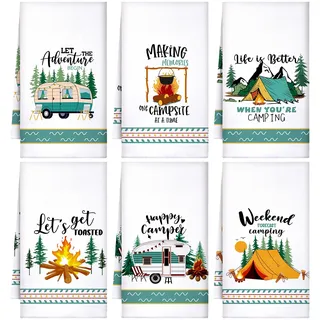 Boyiee Set mit 6 Camping-Küchentüchern, weiß, saugfähig, Geschirrtuch, Lagerfeuer, Zelt, Auto, Geschirrtücher, 61 x 40,6 cm, mit lustigen Sprüchen, Neuheit, Geschenke für Camper, Happy Camper
