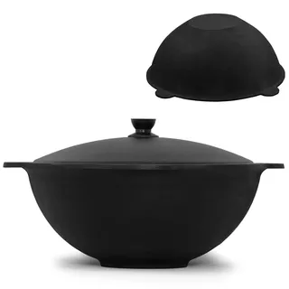4BIG.fun Kazan aus Gusseisen 12 L mit Aluminium Deckel flacher Boden Usbek Schwenktopf NAMANGAN Kasan Uzbekisch Asia WOK Gusseisentopf Grillwok