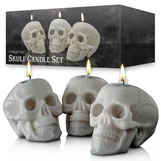 MikaMax Skull Candle Set – 3x Totenkopf-Kerzenset, Aus reinem Bienenwachs, Figurenkerzen für Halloween, Rituale und Dekoration – Gothic Design – Tropfkerzen in Weiß