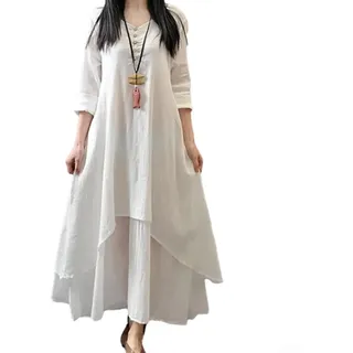 Lässiges Retro pastorales Frauen Leinenkleid, lockeres langärmeliges übergroßes Kleid, weibliche Frühlingswesten (L Weiß)