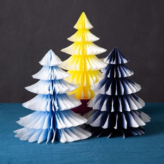 Talking Tables FOREST-TREE-TIS-BLUE Dekorationen – 3 Stück Papier-Waben, Mini-Weihnachtsbäume für Tischplatte, Fensterbank-Display | Winterwunderland, Wald-Party-Thema, blau/gelb