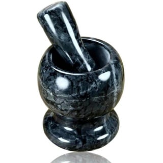 BAYLI Marmor Mörser mit Stößel - Massiver Gewürzmörser für die Küche - Granit Kräutermühle in Schwarz -  Stein Gewürzmühle für Kräuter und Gewürze - Tablett