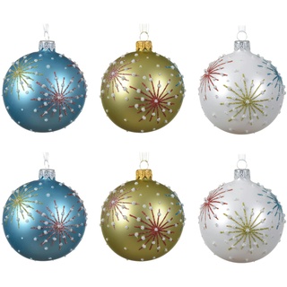 6 Weihnachtskugeln 8cm Glas mit Schneeflockenmotiv Christbaumkugeln mundgeblasen
