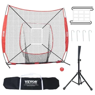 Vevor 244 x 106 x 211 cm Baseball-Softball-Übungsnetz, tragbares Baseball-Trainingsnetz, Schlagen, Fangen, Pitchen, Backstop-Baseballausrüstung mit Bogenrahmen, Tragetasche, Schlagzone, Rotem Ball.