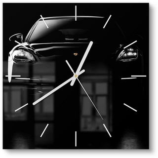 DEQORI Wanduhr 'Porsche Panamera Front' (Glas Glasuhr modern Wand Uhr Design Küchenuhr) schwarz|weiß 30 cm x 30 cm