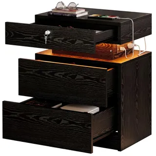 IRONCK Nachttisch Nachtschrank mit versteckter Schublade, 3 Schubladen, USB+Typ-C Anschlussen, LED-Beleuchtung, Modern Beistelltisch für Schlafzimmer, Wohnzimmer, Schwarz