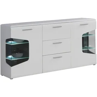 Hom`in Sideboard, Weiß, Eiche, Weiß Hochglanz, Glas, Holzwerkstoff, 4 Fächer, 3 Schublade(n) Schubladen, 180x89x41 cm, Typenauswahl, Wohnzimmer, Kommoden & Sideboards, Sideboards