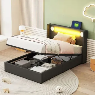 MODFU Boxspringbett Hydraulisches 90 x 200 cm mit LED-Beleuchtung, Bluetooth-Player und USB-Aufladung, Polsterbett Einzelbett Stauraumbett mit Bett... - Schwarz