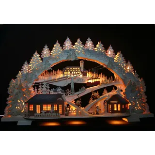 Tietze Erzgebirgsdesign 3D Schwibbogen 72cm Wintersport in Oberwiesenthal mit Fichtelberg - Schwebebahn - Handarbeit aus dem Erzgebirge + BONUS - Aufsetzbäume inklusive! (exclusiv schattiert)