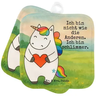 Mr. & Mrs. Panda Topflappen Einhorn Herz Design, Topflappen, Weiß, Anders, Topflappen Set, Unicor, (Packung), Schlimm Lustig Ofenlappen weiß