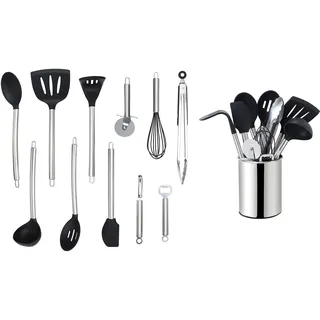 Echtwerk Küchenuntensilien, 12-teiliges Küchenhelfer-Set, Küchenzubehör, Kochbesteck mit Edelstahlgriff, Kochset mit Utensilienhalter, Kochzubehör, Antihaft Silikon Haushaltshelfer, Silber-Edition