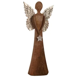 Dekoleidenschaft Engelfigur "Silver Star" aus Mangoholz & Metall 62 cm hoch, große Dekofigur Engel, Weihnachtsdeko aus Holz, Engelsfigur, Weihnachtsfigur, Dekoengel beige