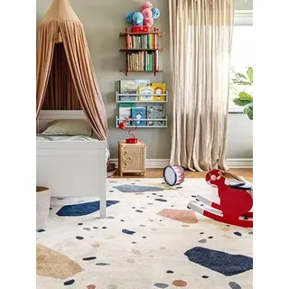 RugVista Beverly, Kinderteppich, Moderne Teppiche, 100 x 160 cm, Rechteckig, Niedriger Stapel, Kinderzimmer, Nur chemische Reinigung, Ohne gefährliche Chemikalien, Cremeweiß Beige/Blau
