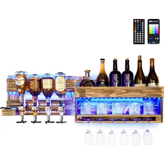 Yorbay Weinregal mit LED-Licht Palette beflammt Holz, Wandbar mit 4 Getränkespender Wand Flaschenhalter Flaschenhalter, Vintage, Geschenk