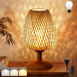 TRUYOK Rattan Tischlampe mit Stecker Bambus Holz Schreibtischlampe LED Dimmbar Boho Vintage Nachttischlampe mit 1.5M Kabel E27 Retro Nachtlicht für Schlafzimmer Nachttisch Wohnzimmer Arbeitszimmer