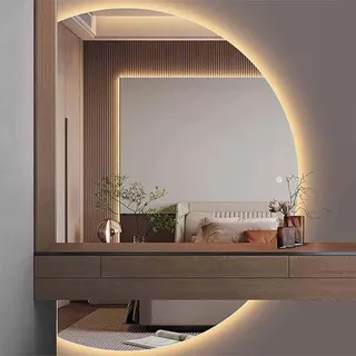 Spiegel Halbrund, 3-Farbig Einstellbare Led Wandspiegel Groß, Intelligent Entnebeln Runder Spiegel Mit Beleuchtung, Splitterfest Schminkspiegel Für Schlafzimmer Flur Badspiegel (L, L90 x W63cm)