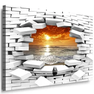Julia-Art Bilder - Mauerloch 70 x 60 cm Leinwandbild XXL Wandbild Wanddeko modern Kunstdruck Meer Strand Palmen Himmelnuntergang 147wl3