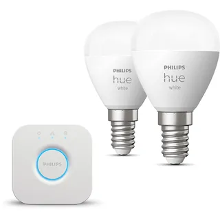 Philips Hue Starterpaket - E14 - mit 2 Kugel LED Lampen - Warmweißes Licht - inkl. 1 Hue Bridge - Hue White