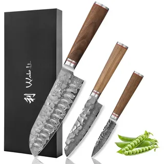 Wakoli Messer-Set Nussbaum Exklusive 3er Damastmesser-Set I Nussbaumgriffe (Küchenmesser Set, 3-tlg., 1x Santoku; 1x Santoku klein; 1x Spickmesser), aus 67 Lagen Damaststahl mit VG10 Kern braun|silberfarben
