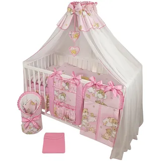 Bello24 - 16 Teiliges Babybett Kinderbett und Bettwäsche komplett Set Happy höhenverstellbar für Neugeborene Babys und Kleinkinder aus Massivholz in fantastischen Farben (Rosa Teddybär auf Leiter)
