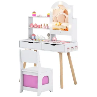 COSTWAY Schminktisch, Kinderschminktisch-Set mit Spiegel mit 3-Farbbeleuchtung weiß