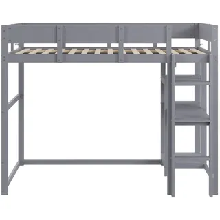 MODFU Hochbett Holz Grau 90x200 cm, massives Kiefernholz mit Ablageregal und Schutzgittern