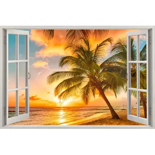 HUBDECO - Wandtattoo - Wanddeko - Selbstklebende Folie - Wandsticker - Fototapete 3d Effekt - Selbstklebende Tapete - Fenster & Meer Motiv - Strand Sonnenuntergang - 150x100cm