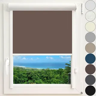 Kassettenrollo Thermorollo Verdunkelungsrollo Fenster Rollo mit Kassette und Führungsschienen zentimetergenaue Maßanfertigung Montage zum Kleben ohne Bohren Silberne Beschichtung Farbe Braun
