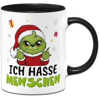 Tasse Baby Grinch - Ich hasse Menschen - Weihnachtstasse lustig, Kaffeetasse mit Spruch - Geschenk für Anti Weihnachtsmuffel an Weihnachten, Kollegin (Schwarz)