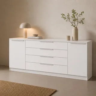 Kommode BORCHARDT MÖBEL "Oliva, Kommode mit Metallgriffen", weiß (weiß matt), B:200cm H:78cm T:35cm, Holzwerkstoff, Sideboards, Kommode, Modernes Sideboard mit 2 Türen und 4 Schubkästen, Breite 200 cm