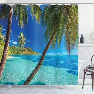 ABAKUHAUS Tropisch Duschvorhang, Palmen, Meer, Strand, Stoffliches Gewebe Badezimmerdekorationsset mit Haken, 175 x 200 cm, Türkis Blau