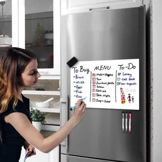 Famanu Whiteboard magnetisch für Kühlschrank, 2 Stück, 50 x 30 cm, abwaschbar, inklusive 4 Marker und 1 Radiergummi