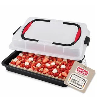 Zenker Blechkuchen-Container to go, Backblech mit Transport-Abdeckung für unterwegs, Backform antihaft mit Deckel und Softgriffen (Kuchenform: ca.425x295x75 mm), Menge: 1 Stück