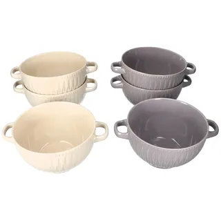 6er Set Biko Suppentassen mit Henkeln 650ml Keramik Vanille Grau Ramen Bowl