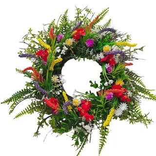 Ganzjährig Türkranz Für Außen, Frühlingskranz, Bunte Wildblumenkränze, Frühling Sommer WildblumeKranz, Künstliche Wildblumen Girlande, Bunt Türkranz Frühling Für Innen Außen Cafe Garten Deko