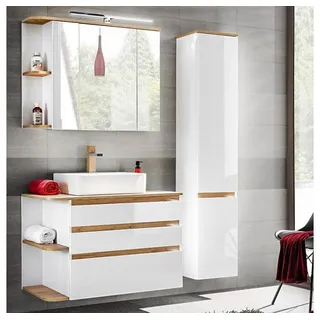 Lomadox CAMPOS-56 Bad-Hochschrank 144 x 200 x 50 cm Weiß/Eiche hochglänzend