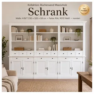 Wohnpalast Bücherregal Landhaus Bücherschrank aus Massivholz in weiß – 320 cm breit, mehrteil