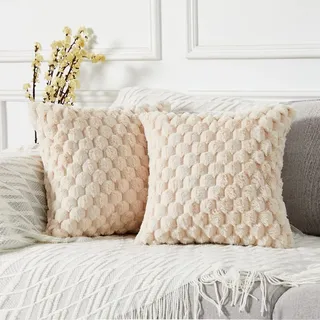 Set Mit 2 Dekorativen Boho-kissenbezügen Aus Kunstfell Für Wohnzimmer-sofa/schlafsofa, Beige, Maße 45 X 45 Cm - Sonstiges