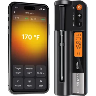 Fleischthermometer Kabellos mit Bluetooth, App-Überwachung mit Alarm, IPX7 Wasserdicht, Hohe Reichweite, Multi-Sensor, Grillthermometer Smarte Fleischthermometer Kabellose für BBQ, Grill, Küche